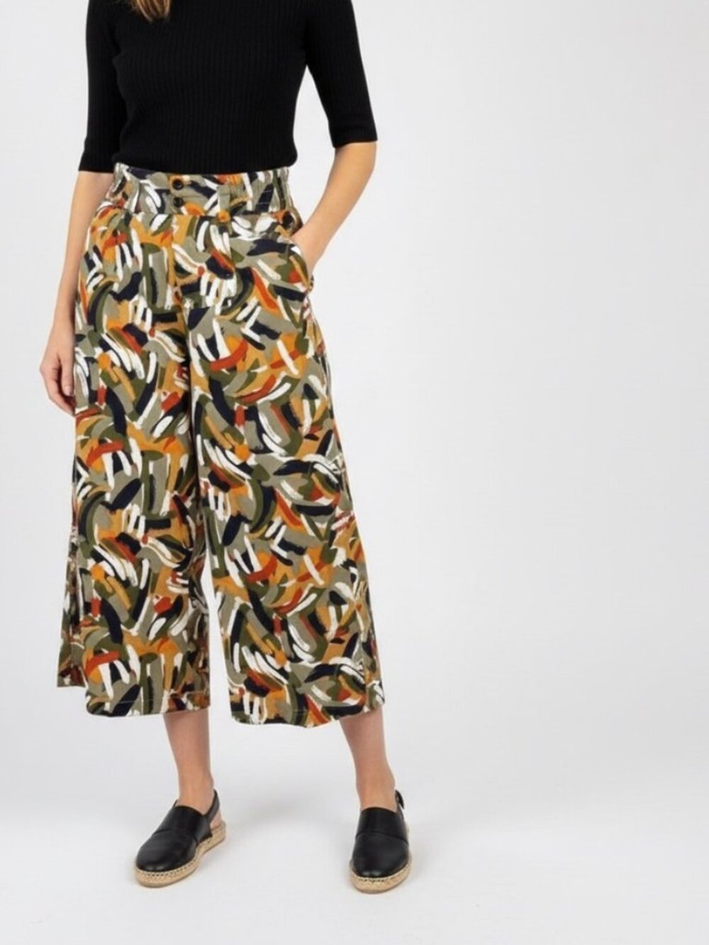 Multi Coloured Brush Stroke Patterned Wide Leg Cropped Cotton Pants Size S